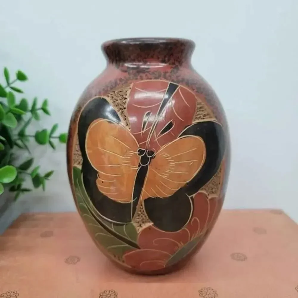 Handmade Nicaraguan Clay Vase with Butterfly Monkey & Turtle Folk Art Pottery